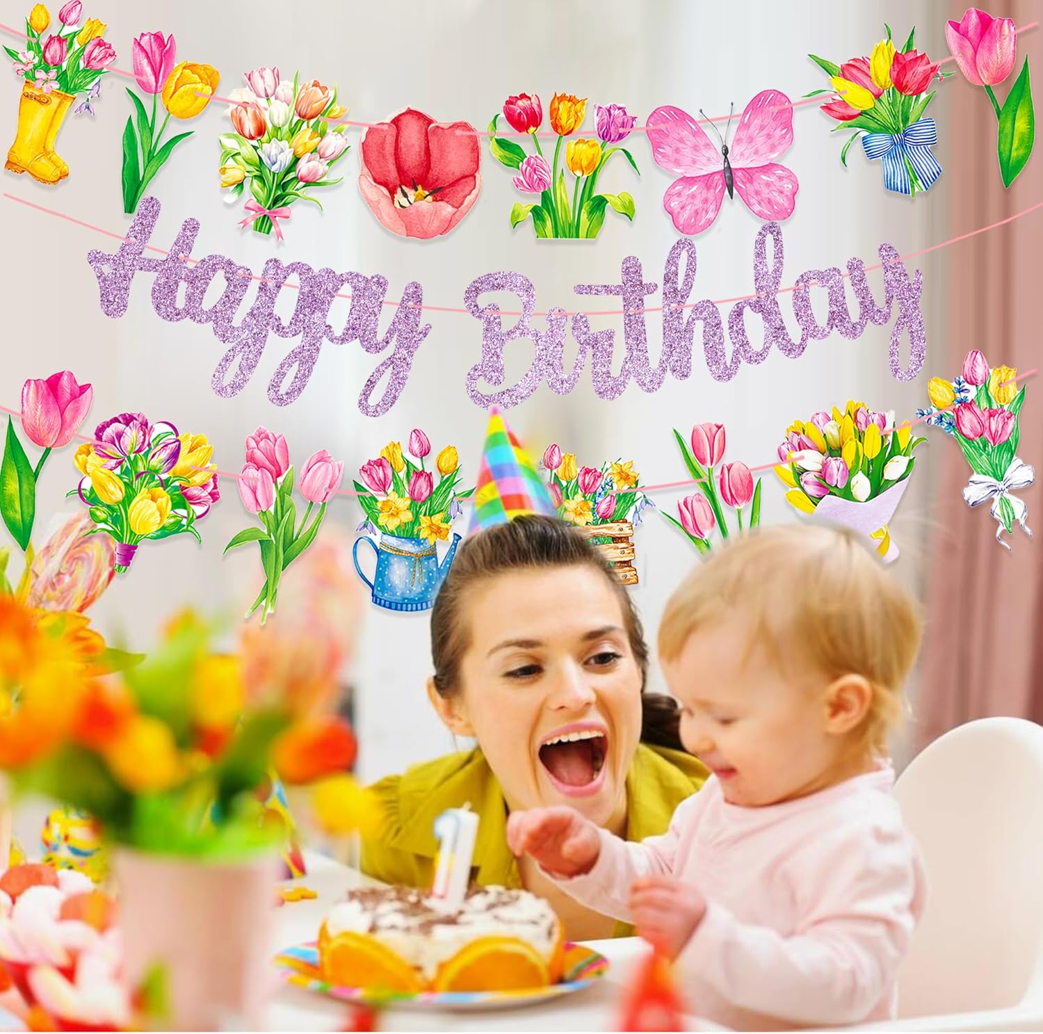 Tulip Birthday Banners 3Pcs Spring Floral Decorations