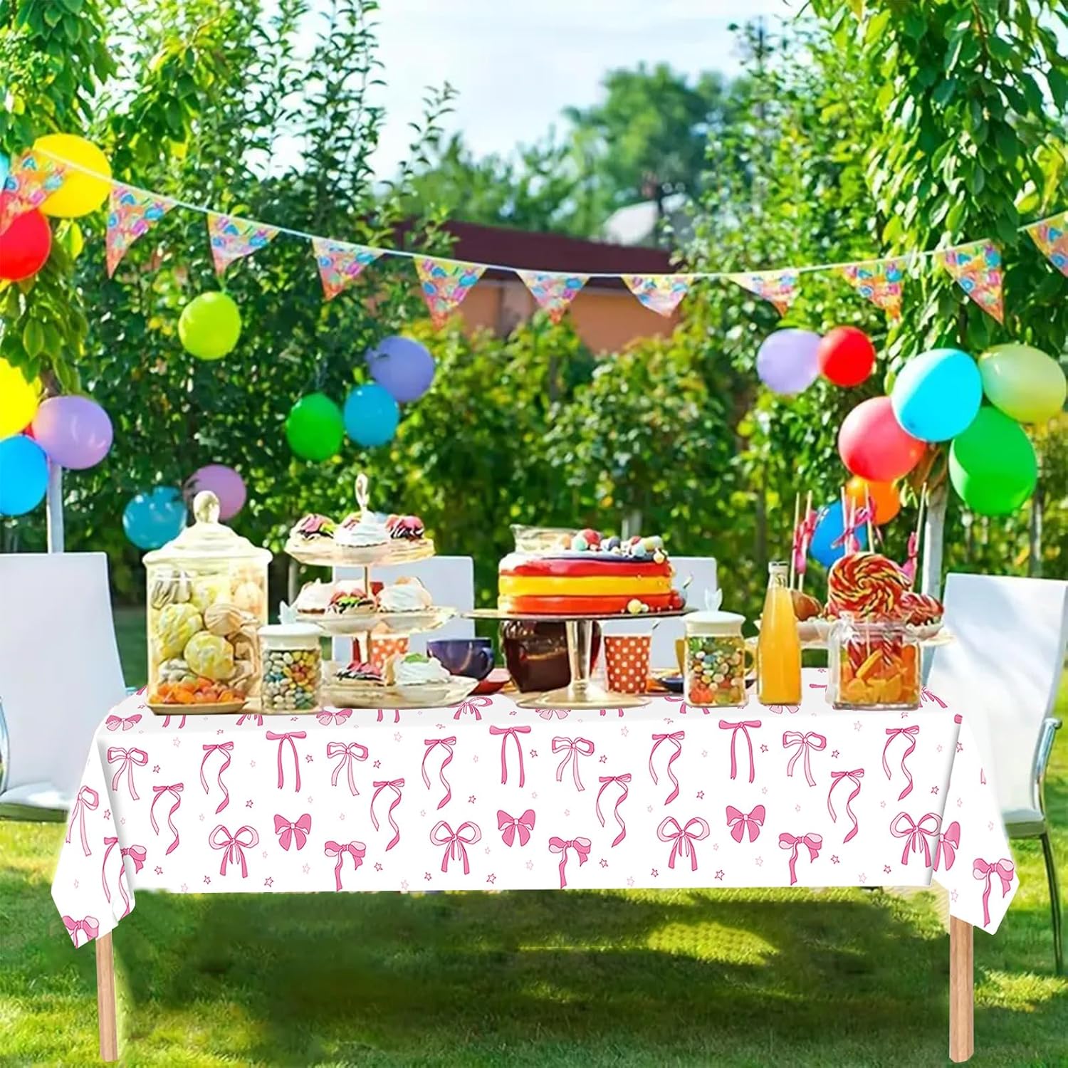 3Pcs Pink Bow Birthday Tablecloths Set for Girls Party