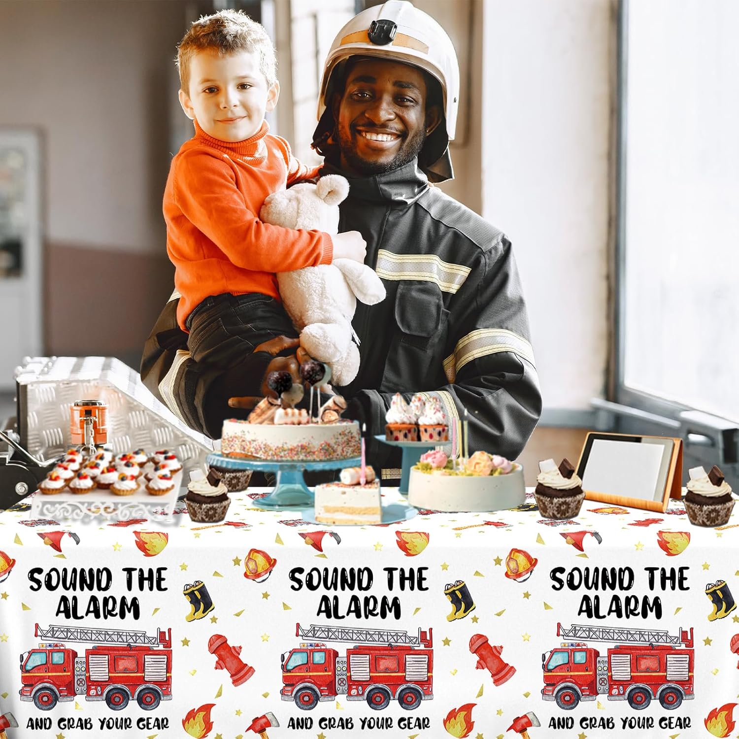 Fire Truck Birthday Tablecloth Set of 3 for 8 Foot Tables