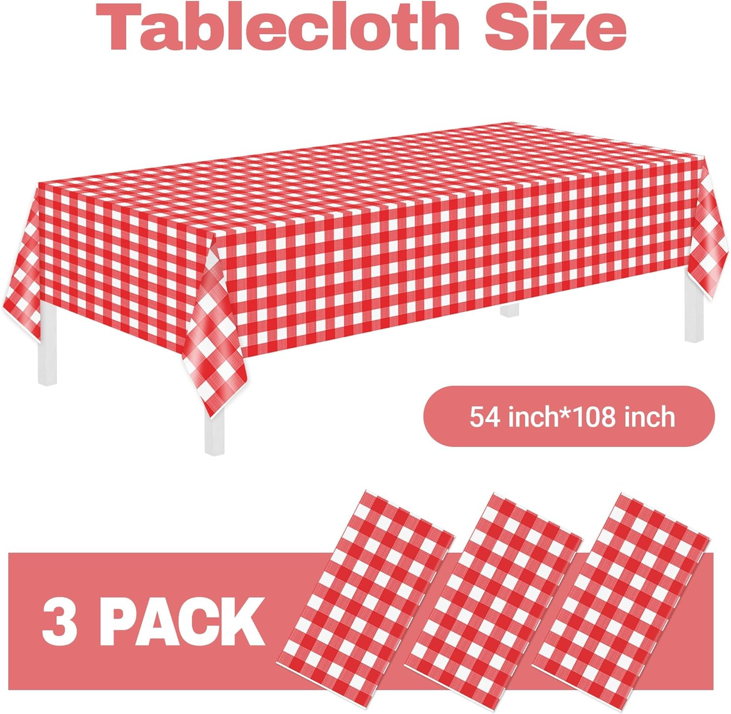 Childom 3 Pack Red White Checkered Tablecloths 54x108 Inches Disposable Plastic for Events and Parties