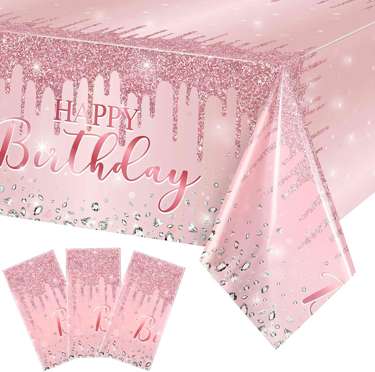 3 Pcs Pink Rose Gold Glitter Tablecloths for Parties