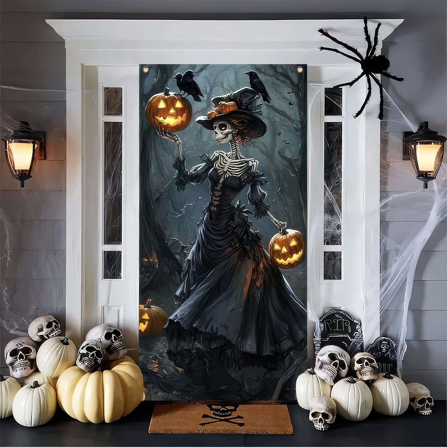 Skeleton Witch Halloween Door Cover 35x71 Inch