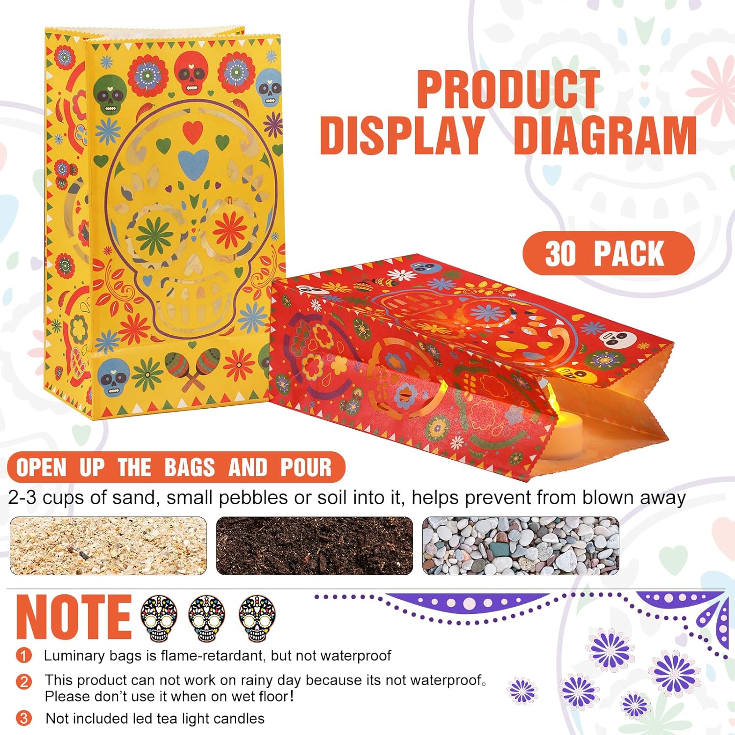 Ireer 30 Piece Halloween Day of the Dead Luminary Bags