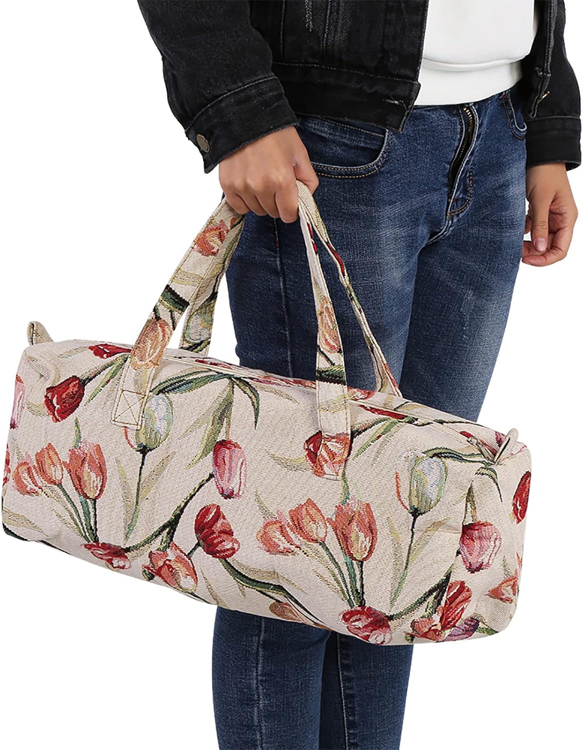 Rose Jacquard Knitting Tote Bag with Large Capacity
