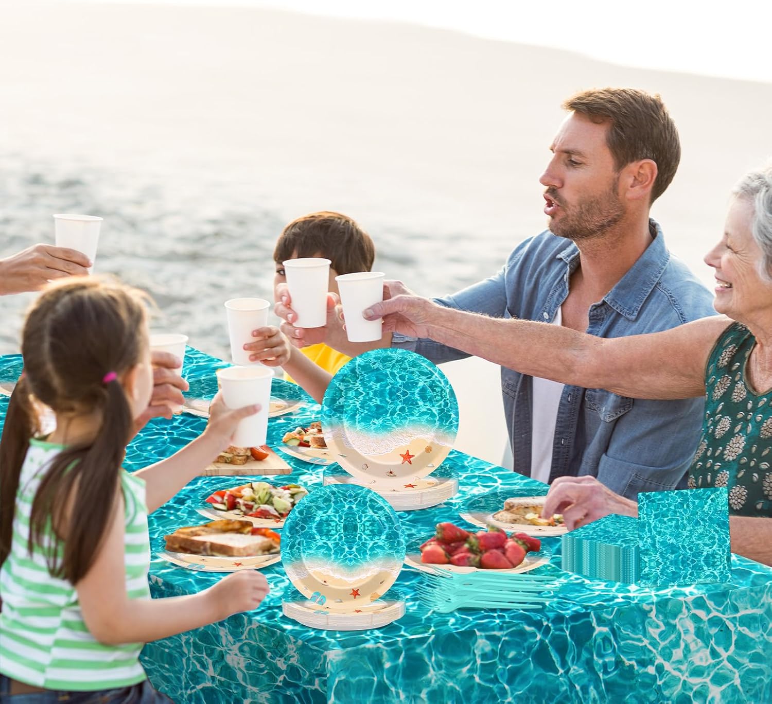 Summer Beach Party Supplies 98PCS Ocean Waves Tableware Set for 24 Guests