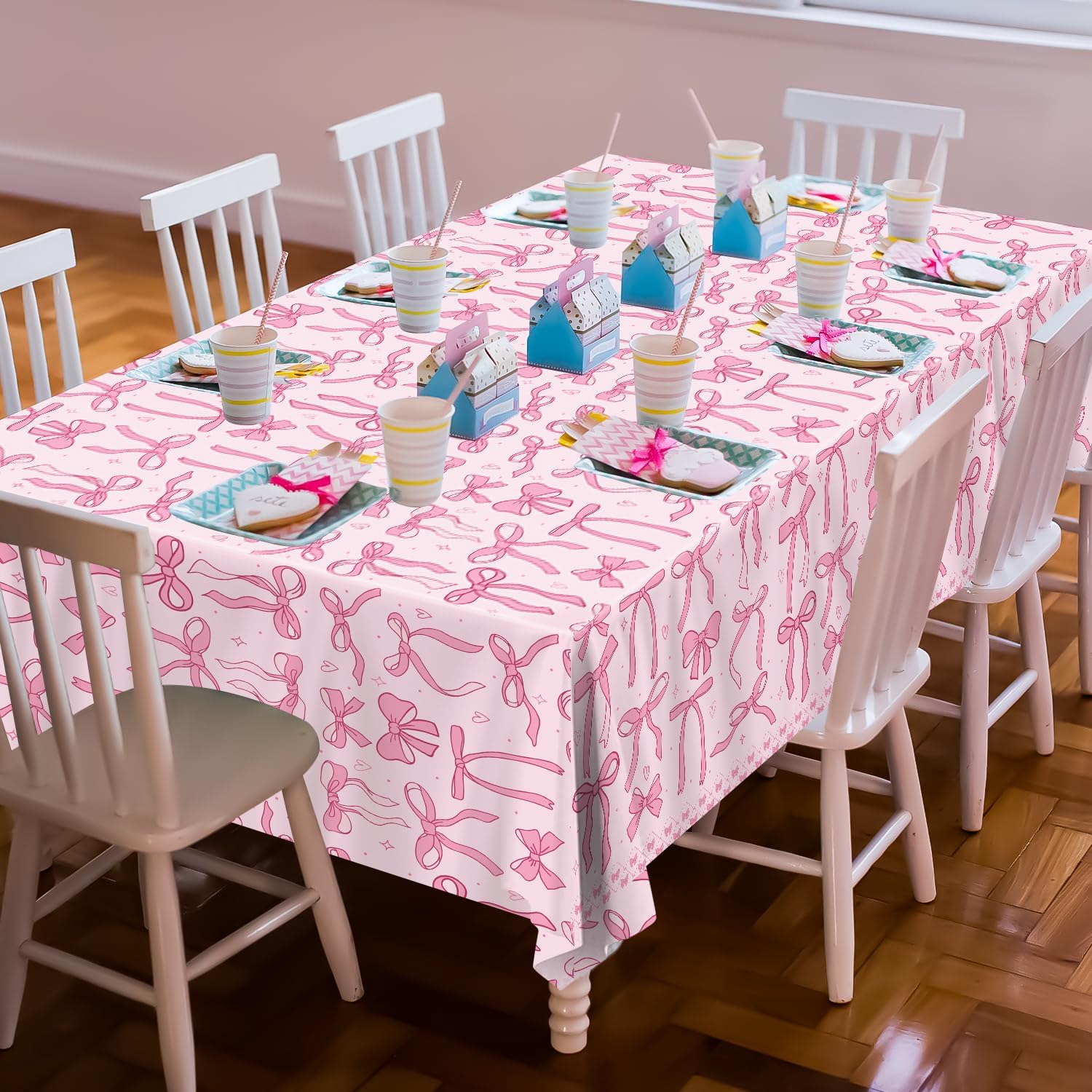 4 Pcs Pink Bow Tablecloths 51x86 Inches Romantic Wedding Decor