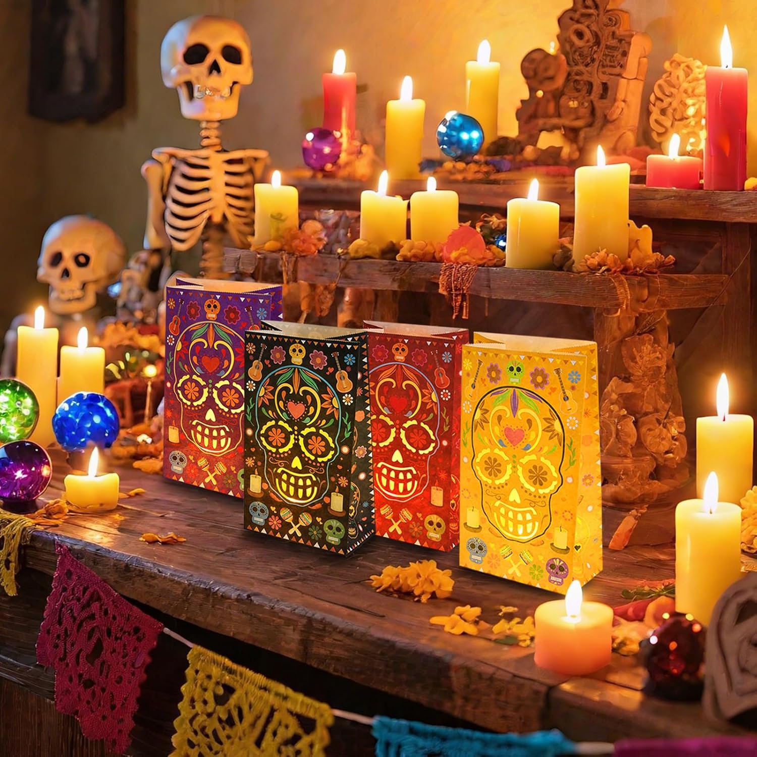 30 Pcs Dia De Los Muertos Luminary Bags for Halloween and Mexican Fiesta Decor
