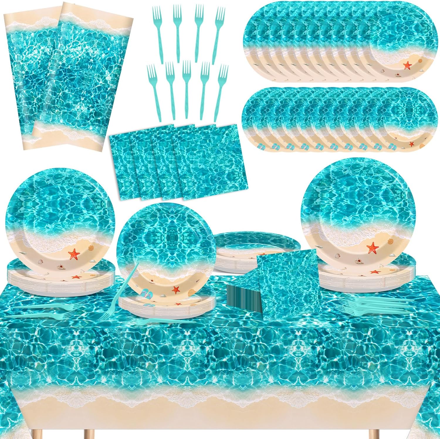 Summer Beach Party Supplies 98PCS Ocean Waves Tableware Set for 24 Guests