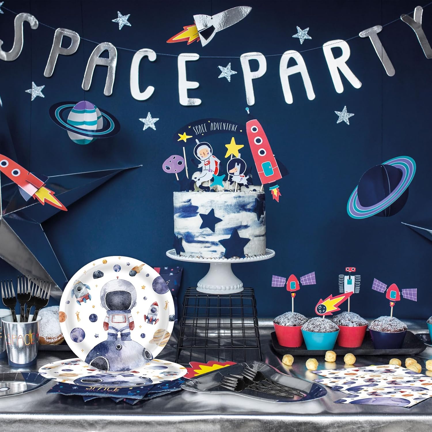 96 Pcs Space Themed Plates and Napkins for Parties