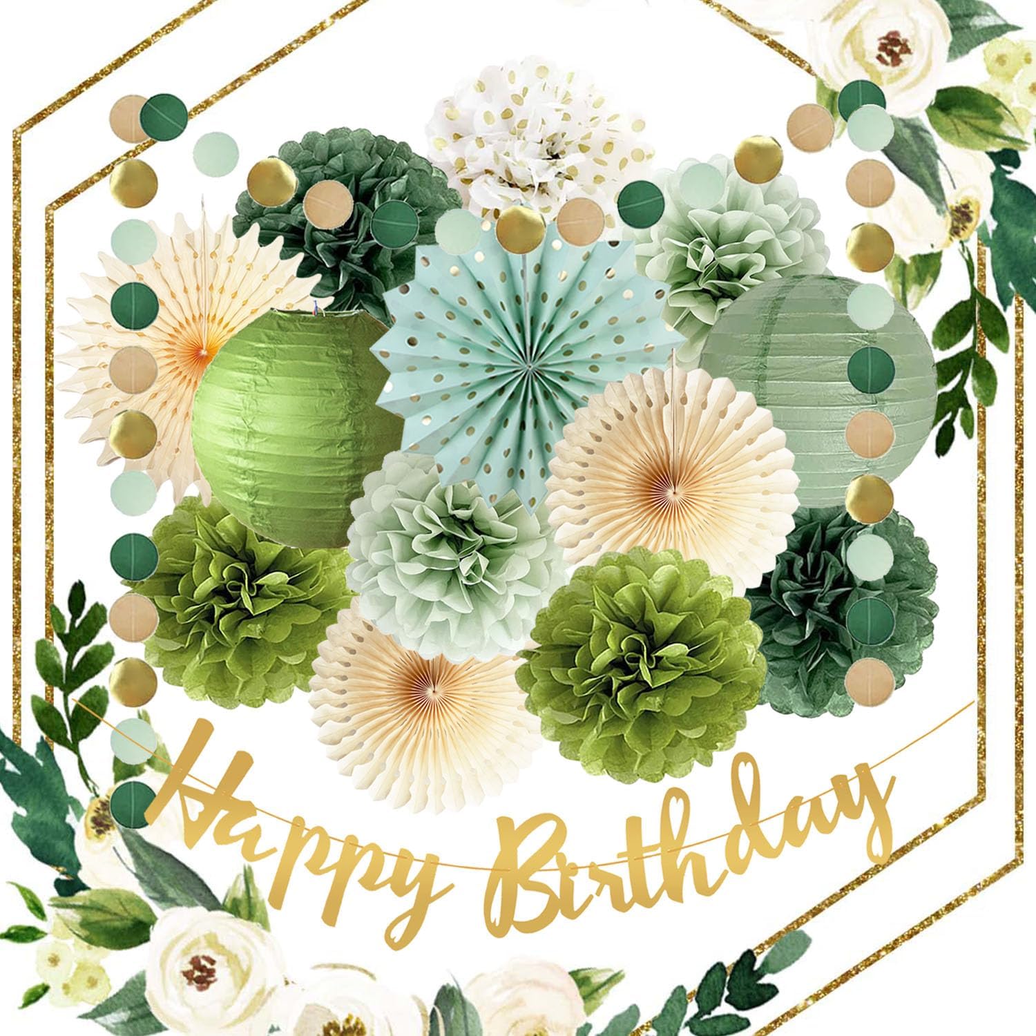 Olive Sage Green Birthday Party Decor Tissue Pom Poms Fans Lanterns