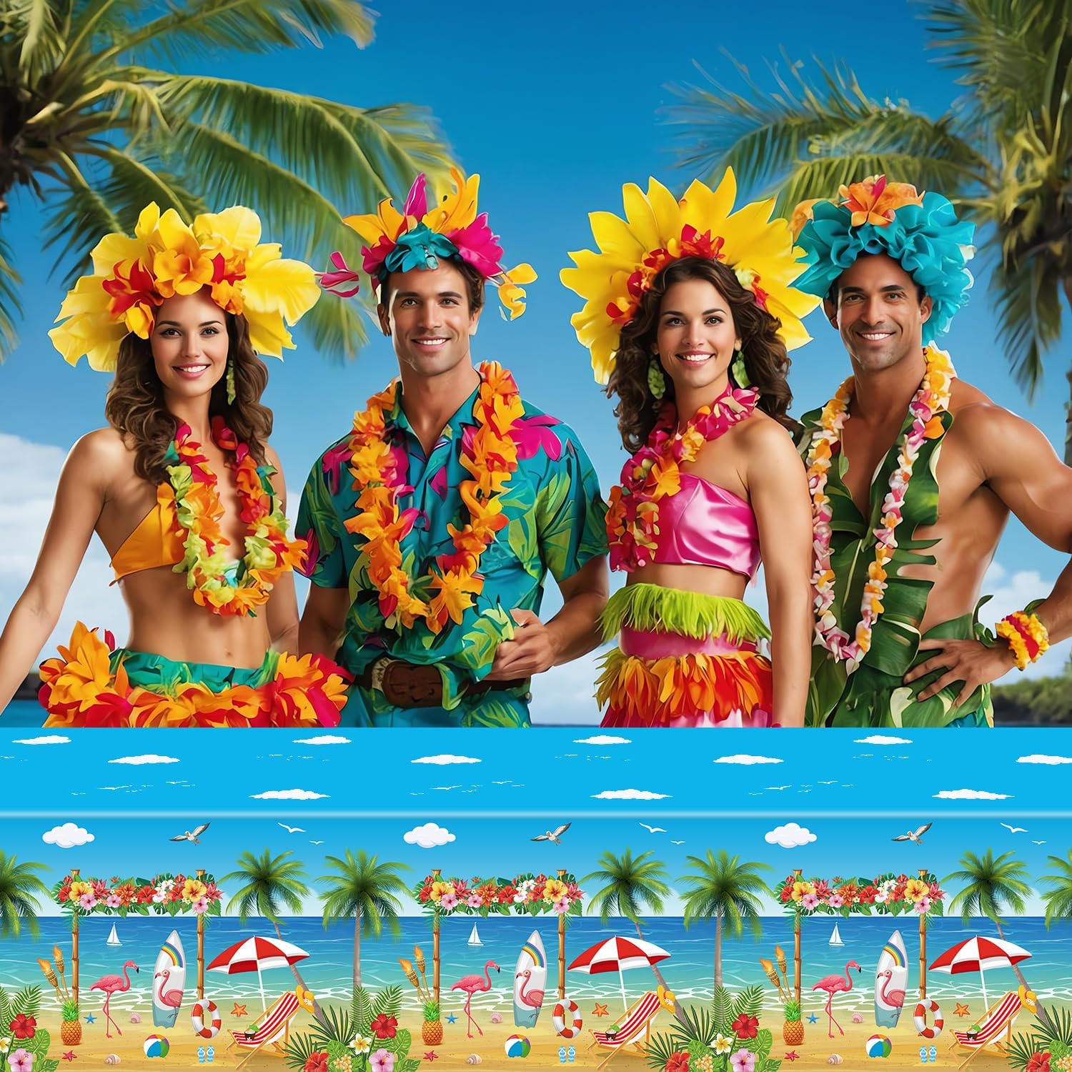 4 Pack Beach Party Tablecloths with Flamingo Surfboard Design