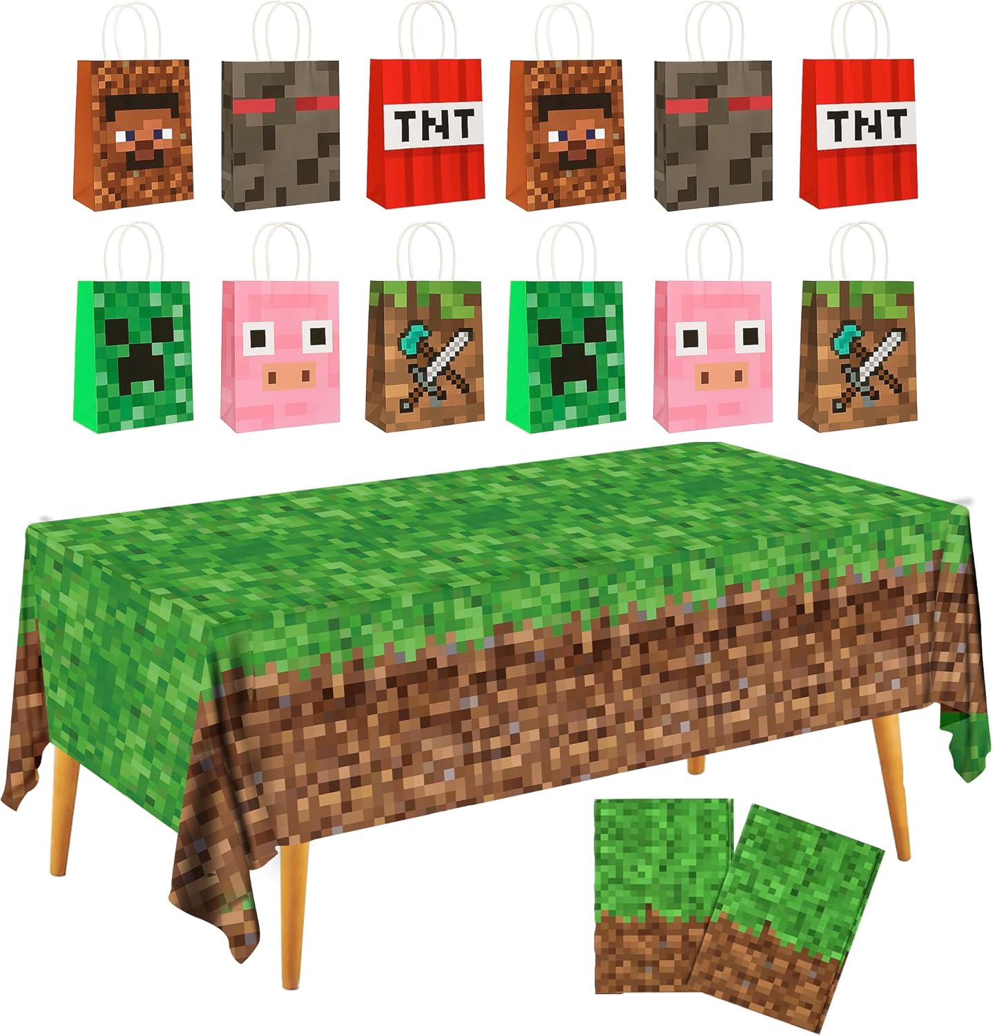 Pixel Party Favors Bulk Set - 12 Pcs Goodie Bags and 2 Pcs Tablecloth for Mining Birthday Party 1
