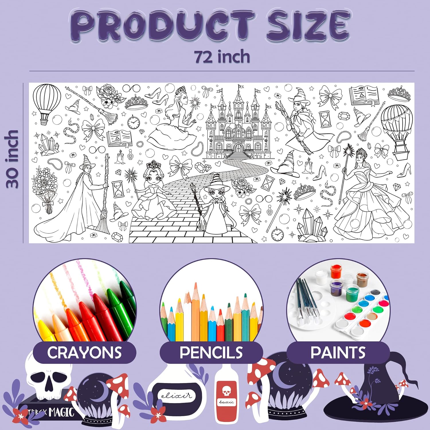 Witch Coloring Poster Tablecloth - 30x72 Inches Halloween Decor