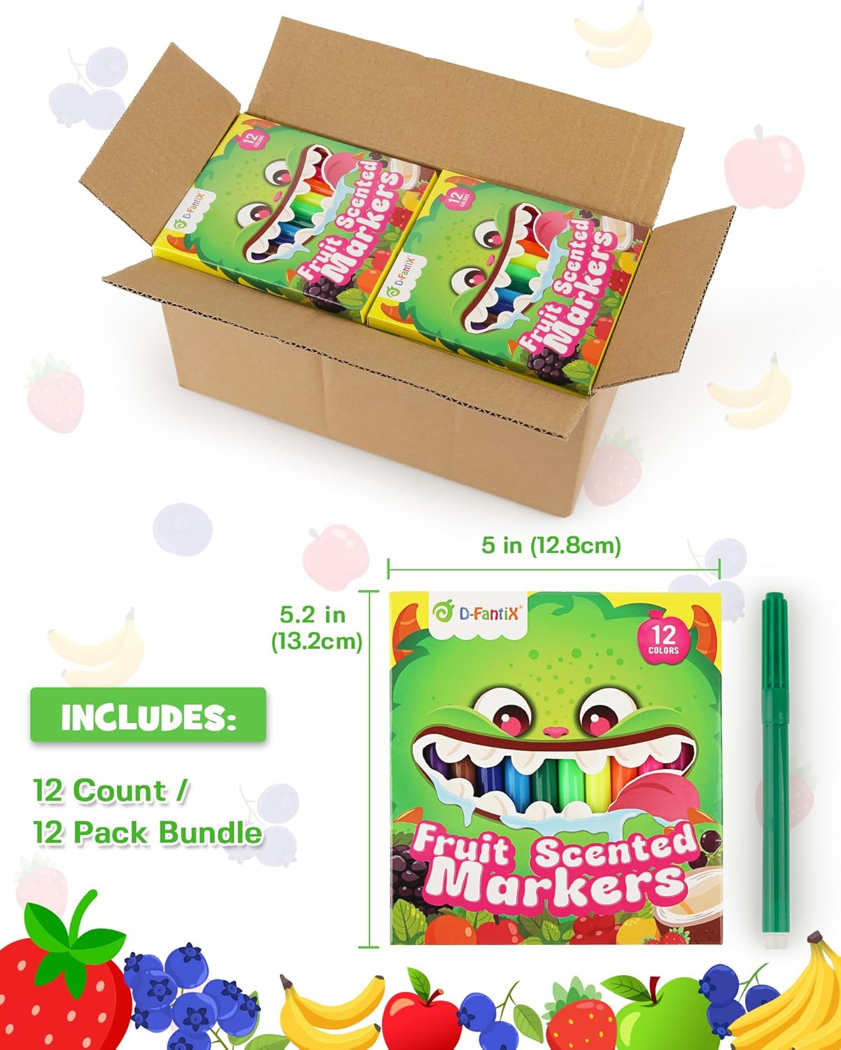 D-FantiX 12 Packs Fruit Scented Washable Markers for Kids