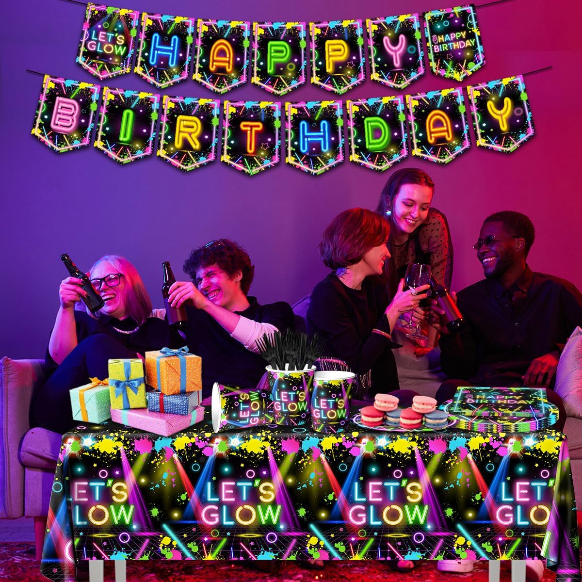 Neon Party Decor Set with 142 Pieces of Themed Tableware