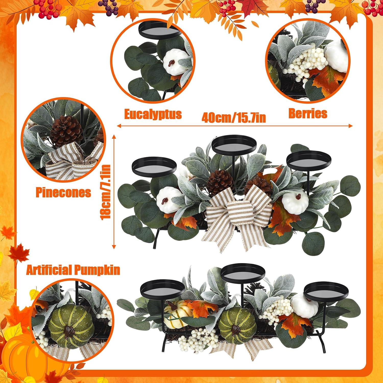 Thanksgiving Candle Centerpieces with 3 Holders Fall Decor