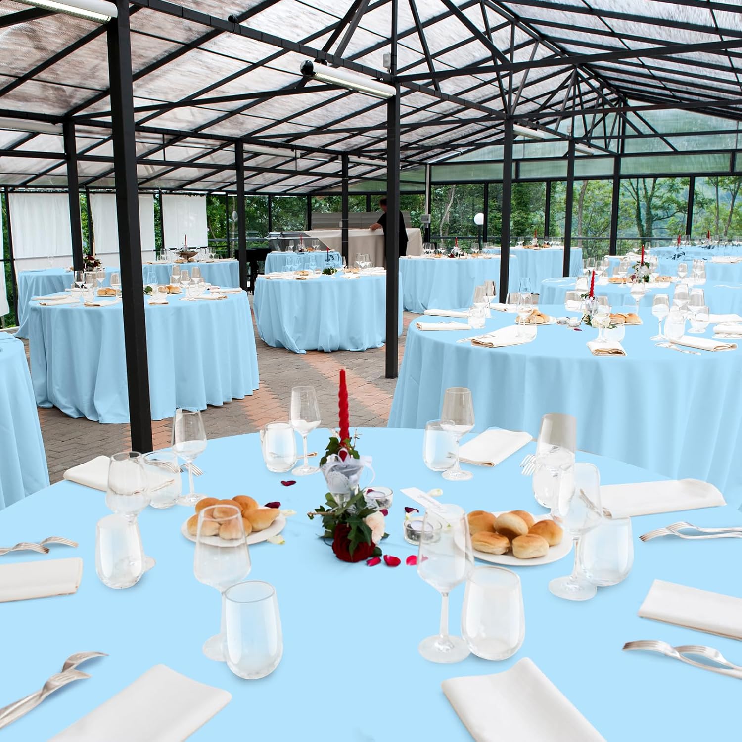 16 Pack Light Blue Plastic Tablecloth for 84 Inch Round Tables