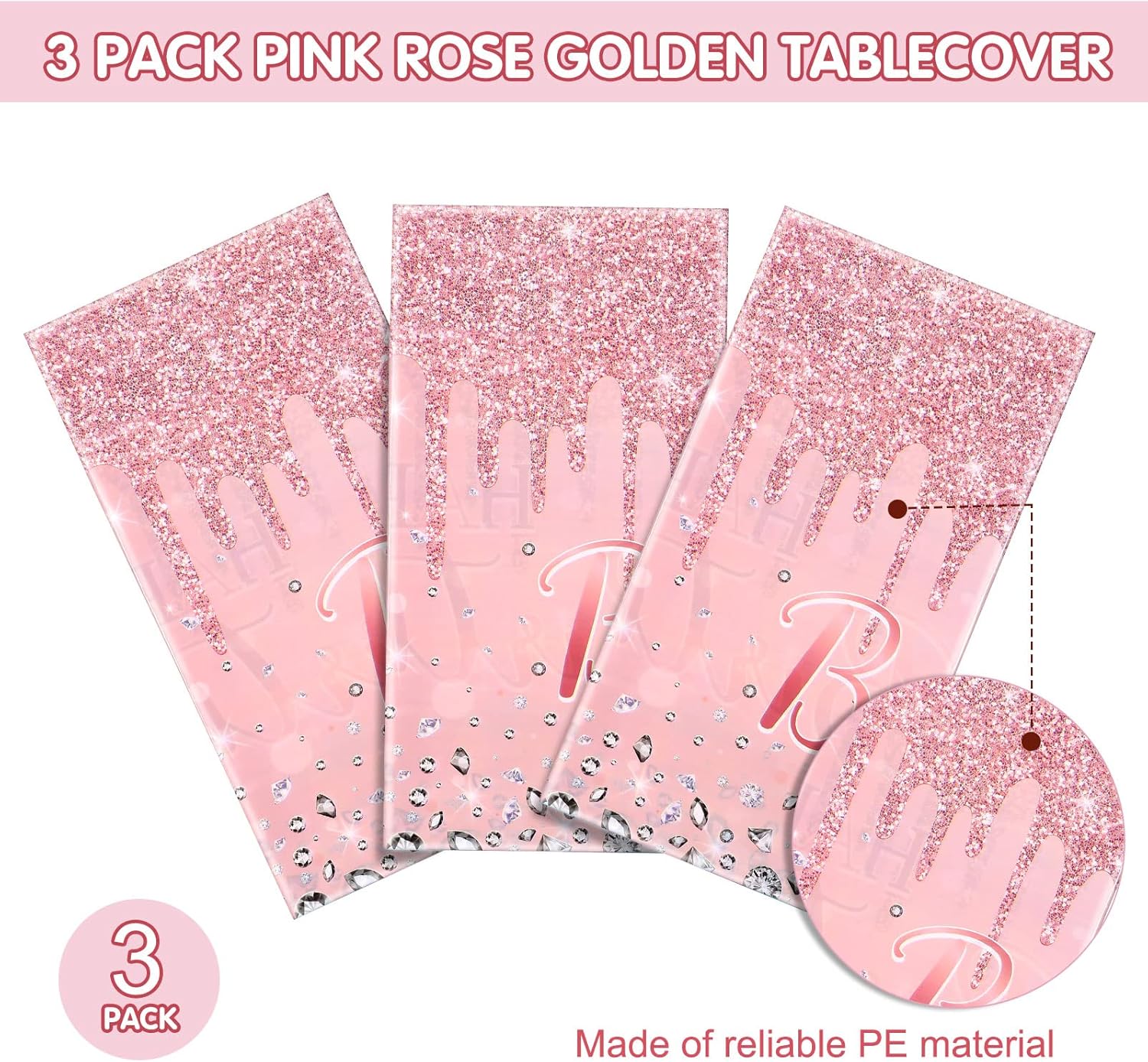 3 Pcs Pink Rose Gold Glitter Tablecloths for Parties
