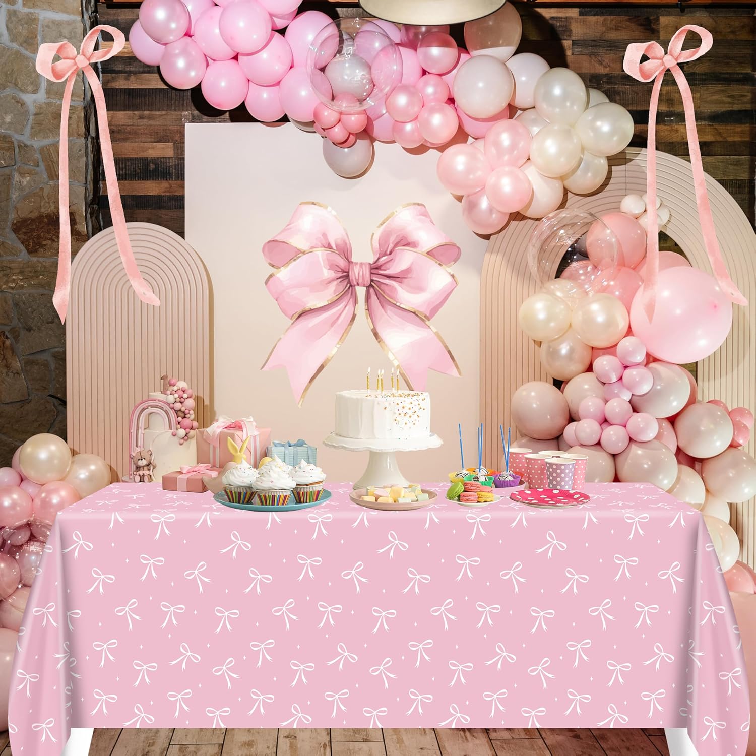3 Pack Pink Bow Tablecloths for Birthday Parties