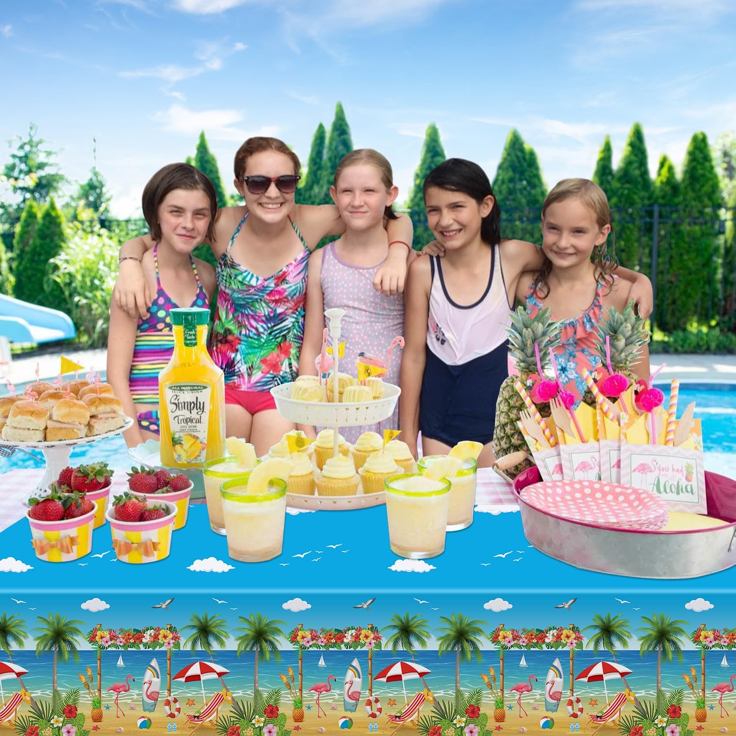 4 Pack Beach Party Tablecloths with Flamingo Surfboard Design