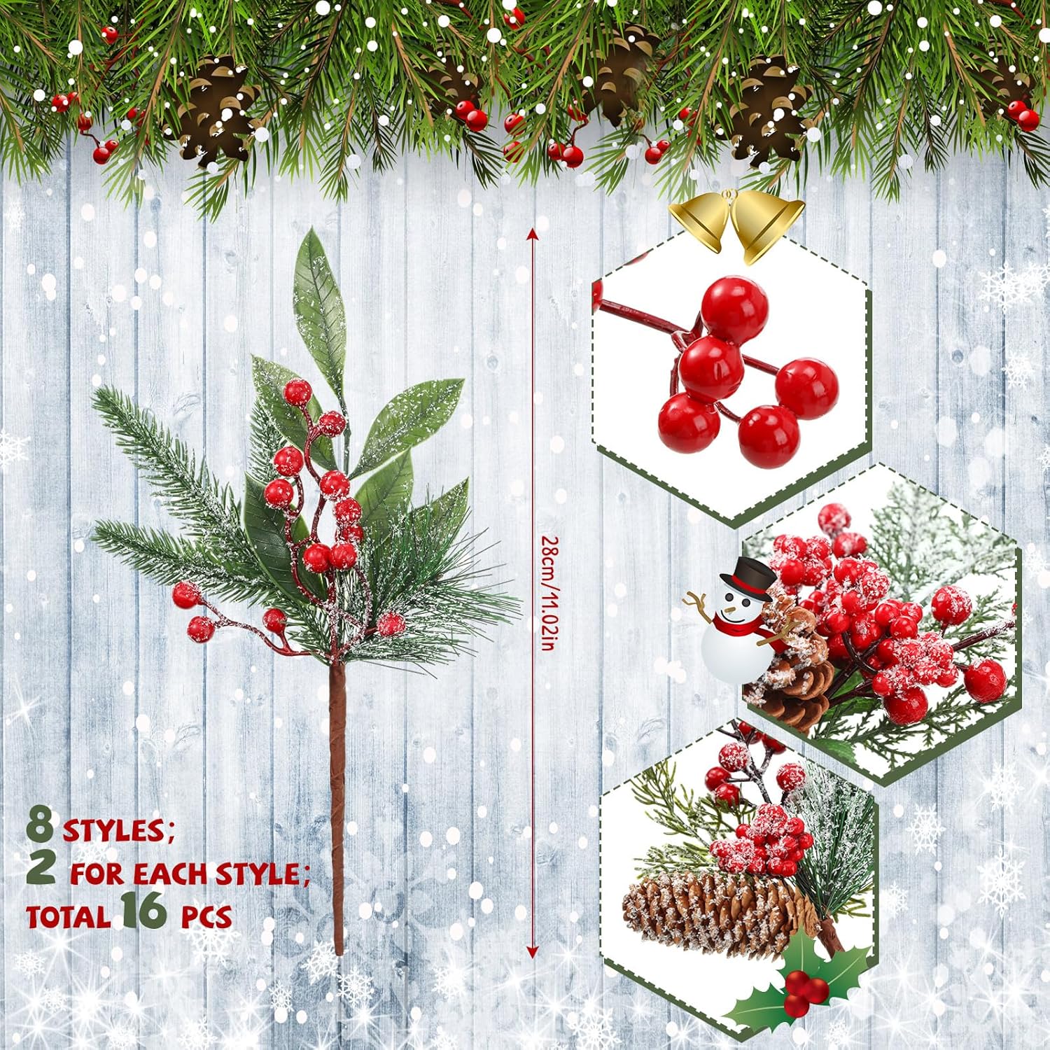 Cindeer 16 Piece Christmas Artificial Pine Picks Set
