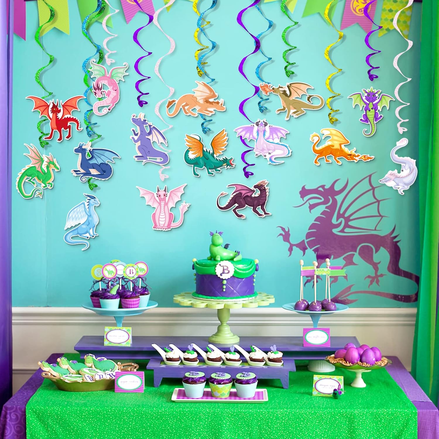 Dragon Hanging Swirls Decorations 30 Pack Magical Party Supplies Ceiling Decorations for Kids Boys Childrens Party Decor
