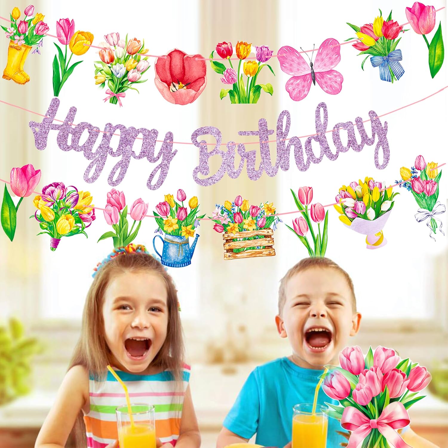 Tulip Birthday Banners 3Pcs Spring Floral Decorations