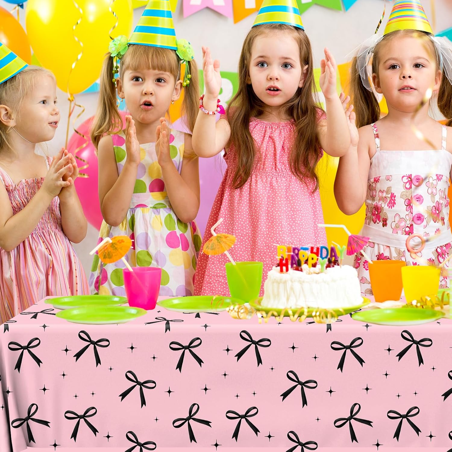 3Pcs Pink Black Bow Tablecloth for Parties