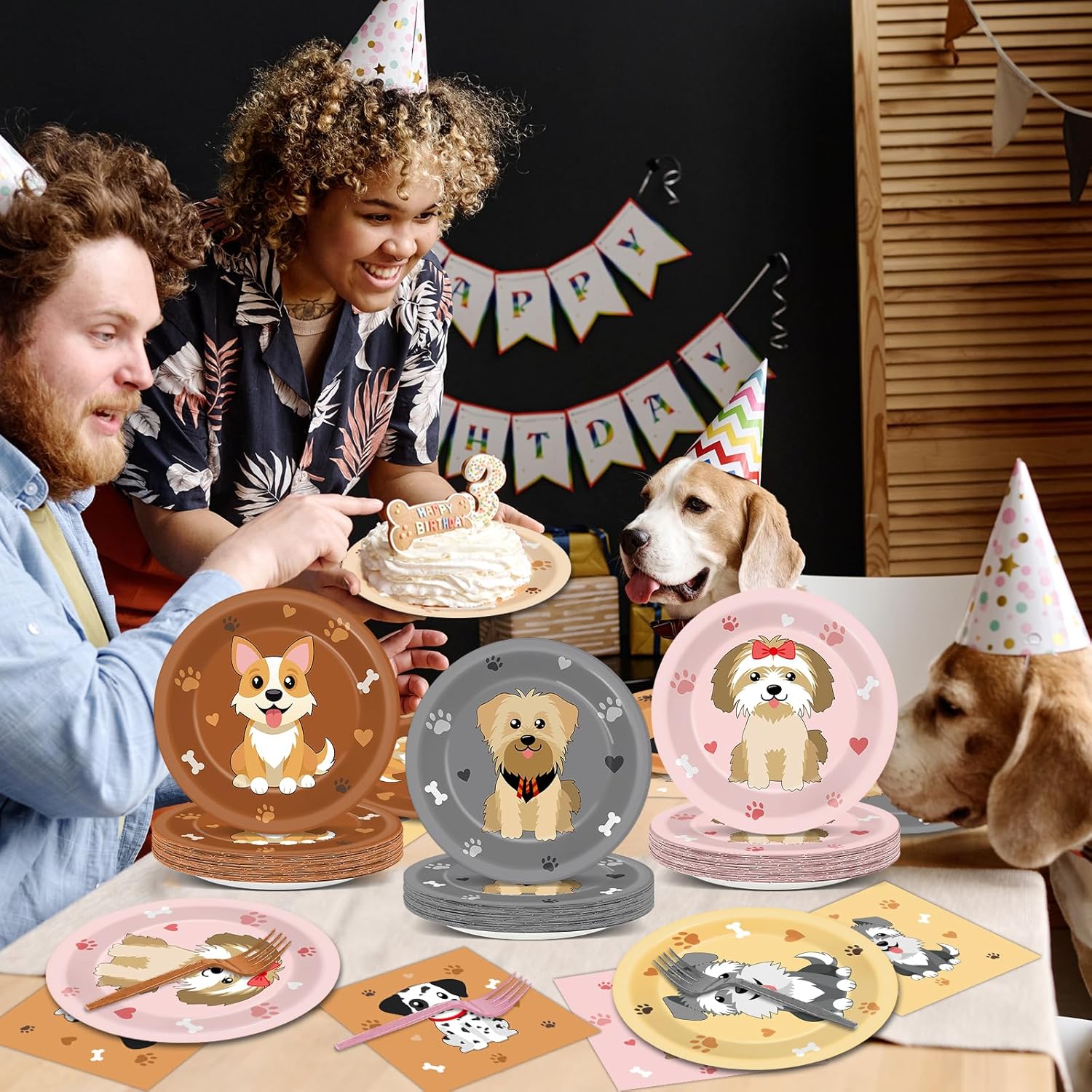 96Pcs Dog Party Supplies Puppy Themed Plates Napkins Forks