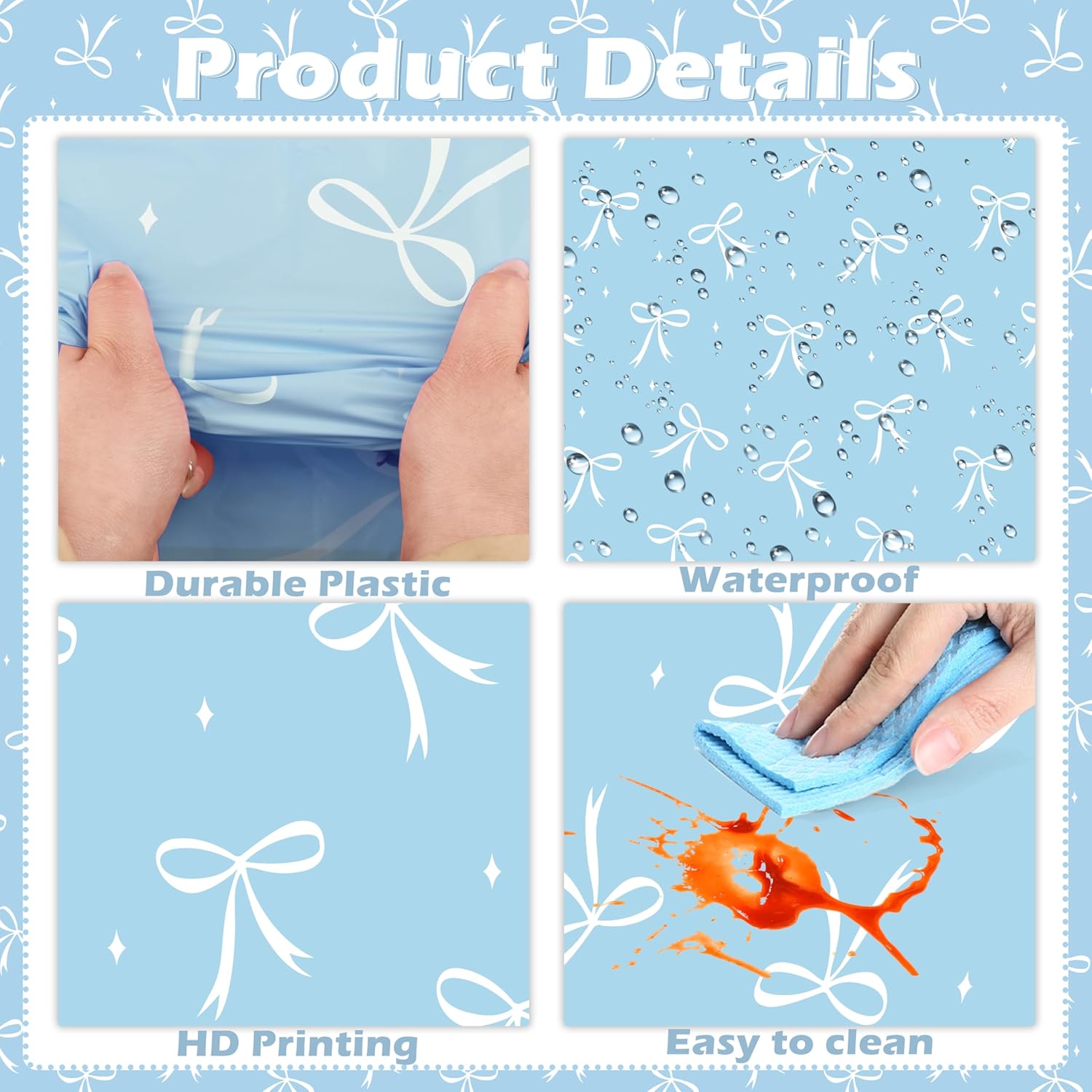 Blue Bow Tablecloths 3 Pack Waterproof Party Decor