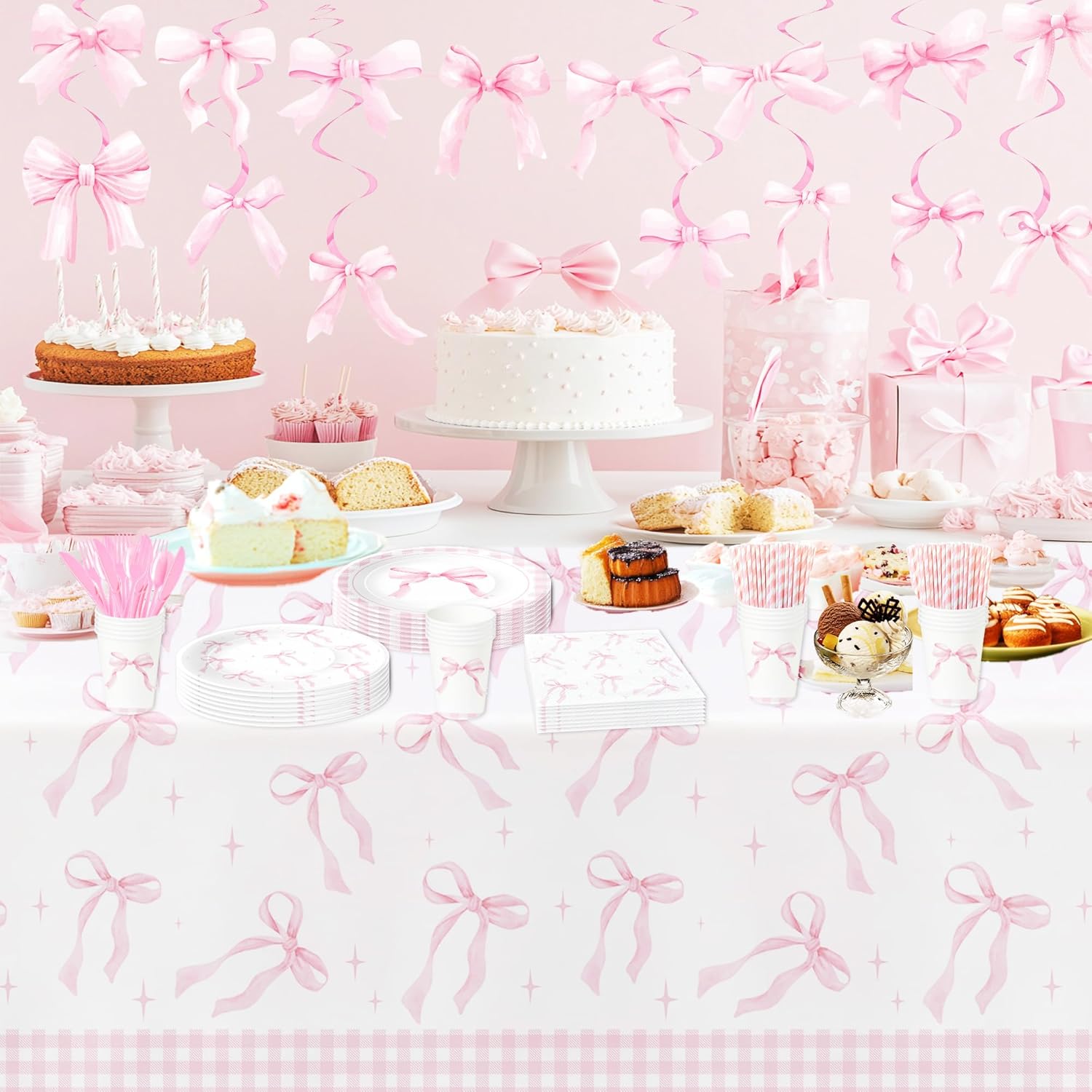Pink Bow Party Decorations Tablecloth Set 3 Pack 86x55in
