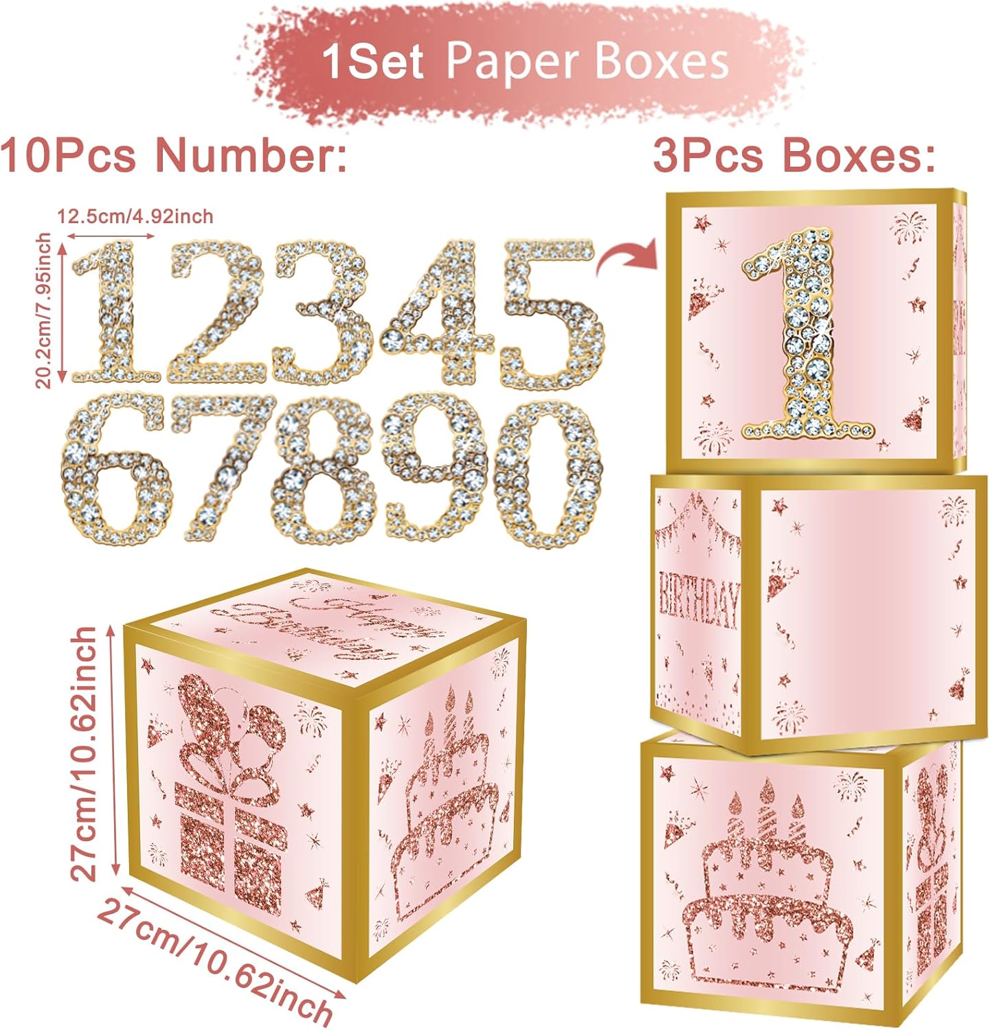 Birthday Decorations Boxes With 0-9 Numbers 3PCS Pink Rose Gold Happy Birthday Balloons Boxes