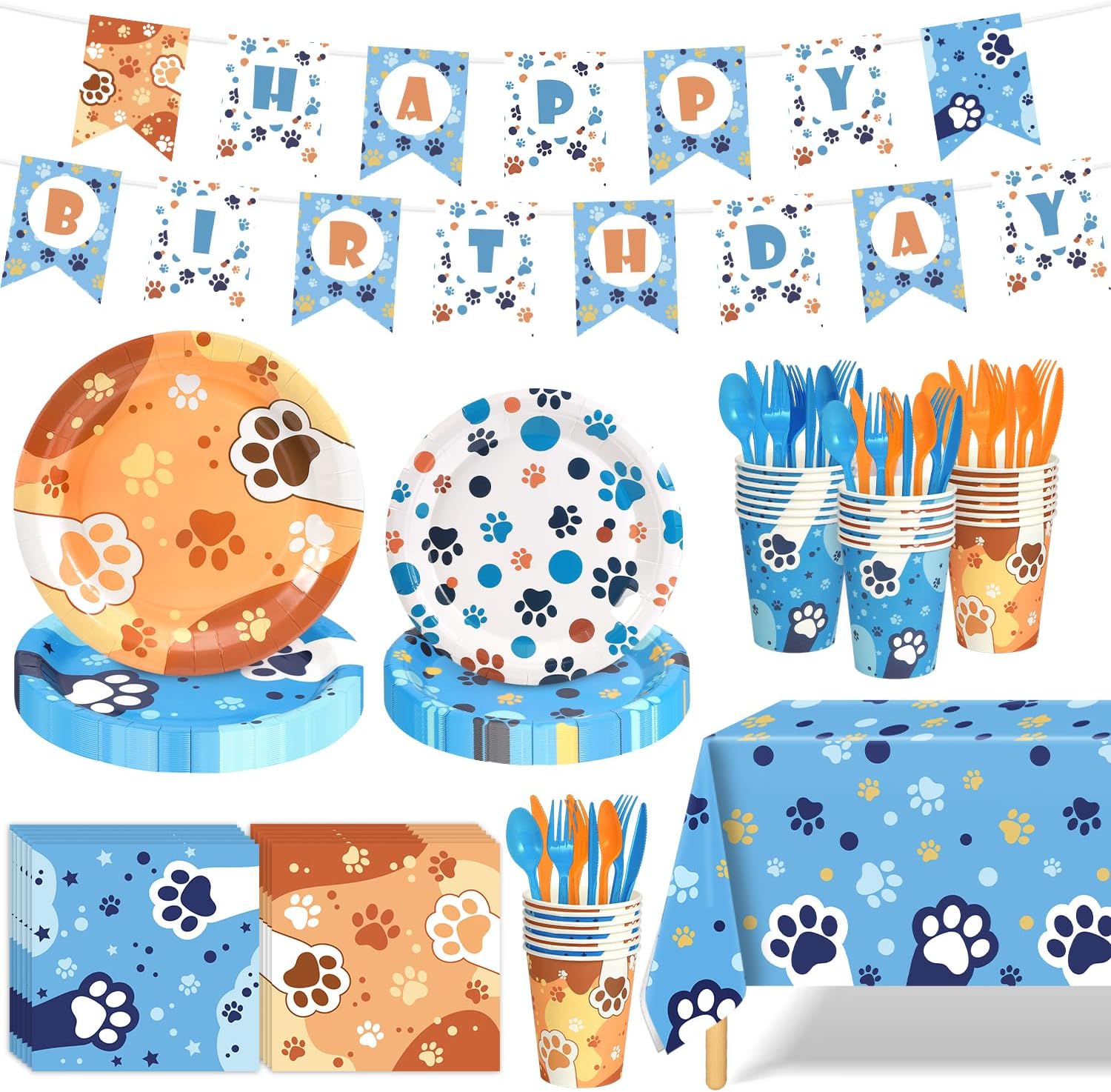 170 PCS Dog Paw Print Birthday Party Set for 24 Guests
