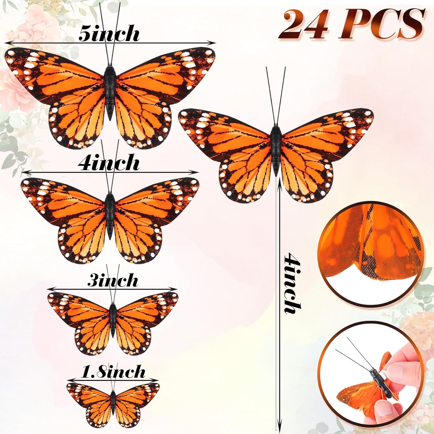 24 Pcs Monarch Butterfly Decorations Artificial Floral Picks with Wire for Wall and Vase