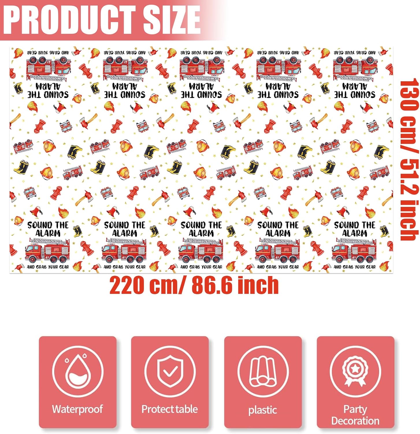 Fire Truck Birthday Tablecloth Set of 3 for 8 Foot Tables