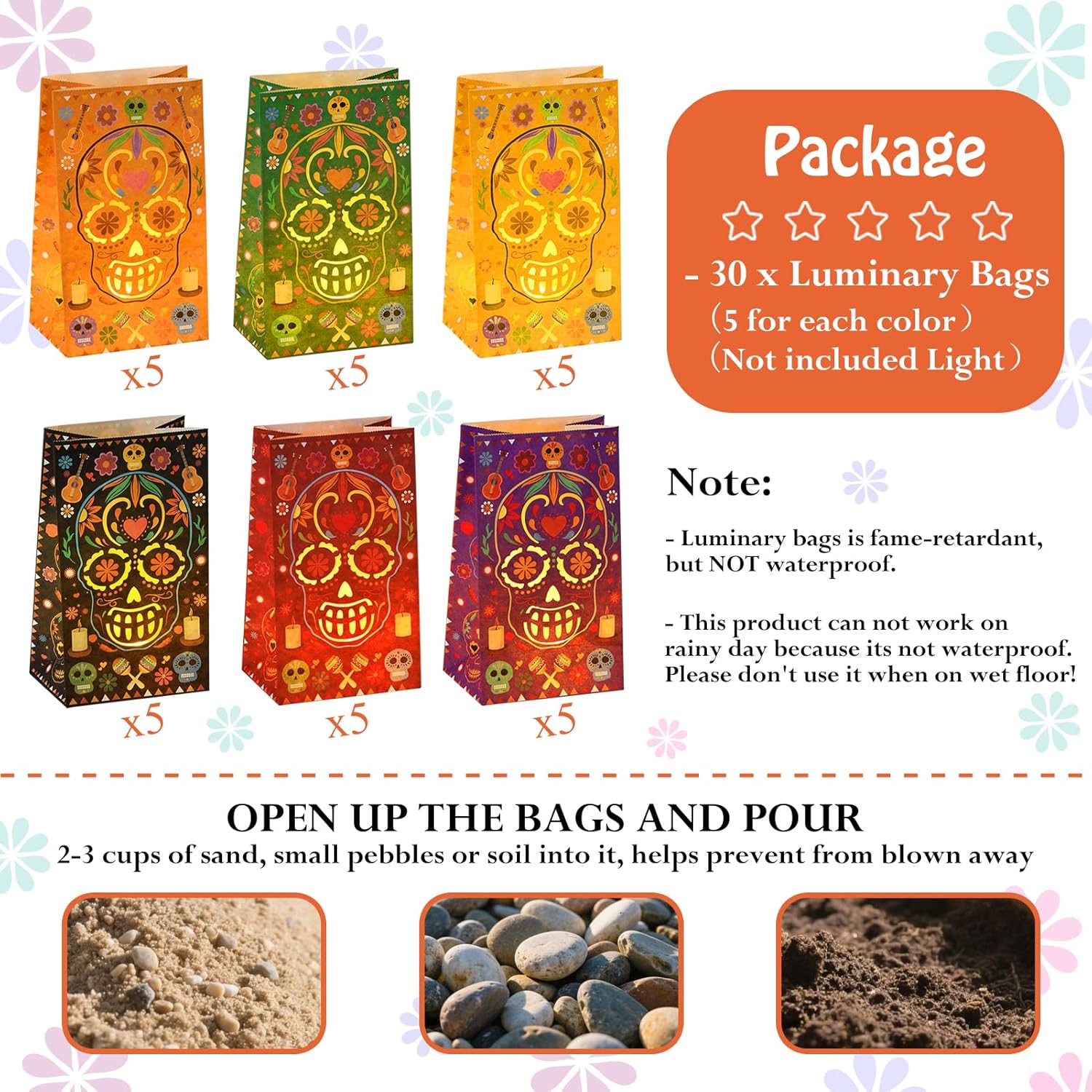30 Pcs Dia De Los Muertos Luminary Bags for Halloween and Mexican Fiesta Decor