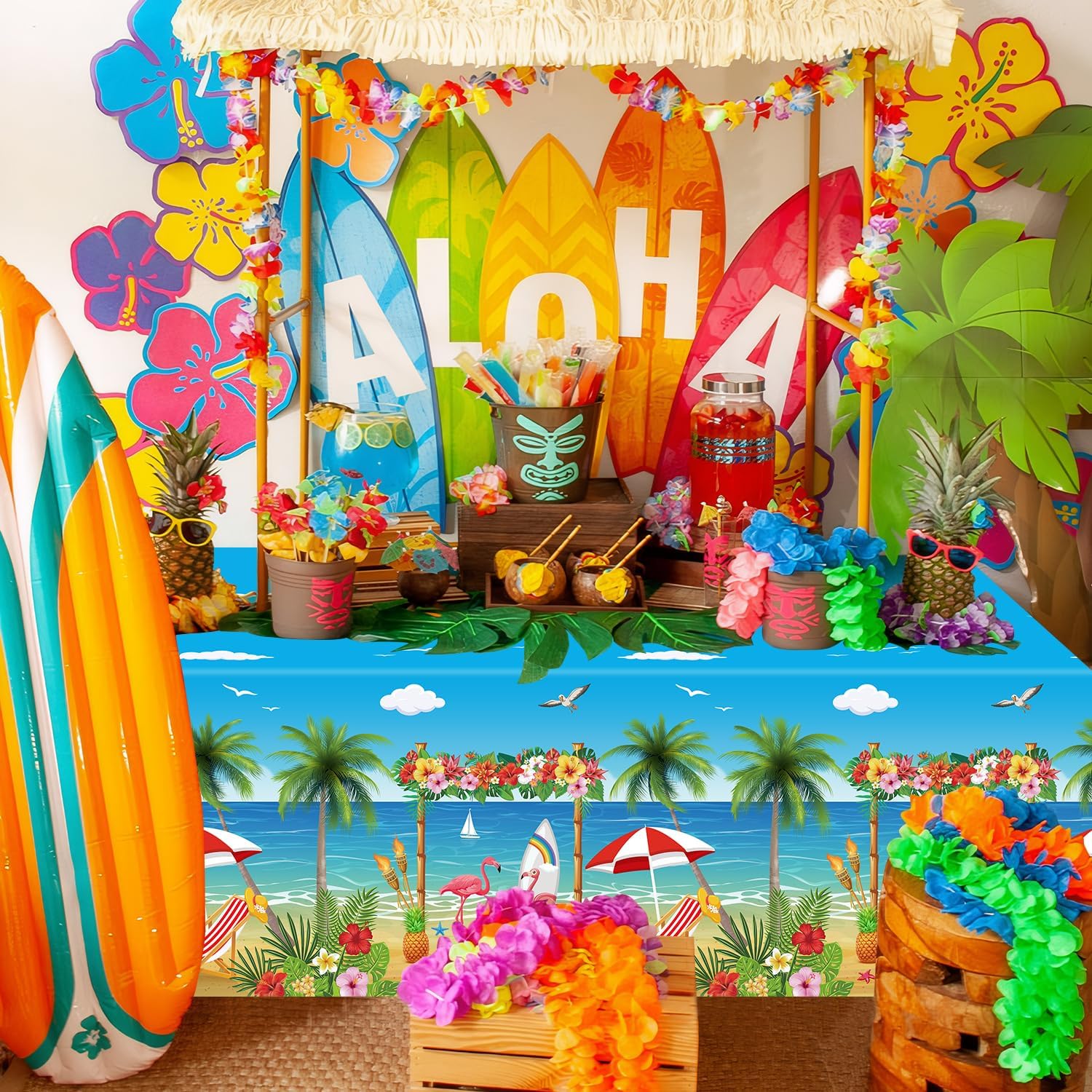 4 Pack Beach Party Tablecloths with Flamingo Surfboard Design