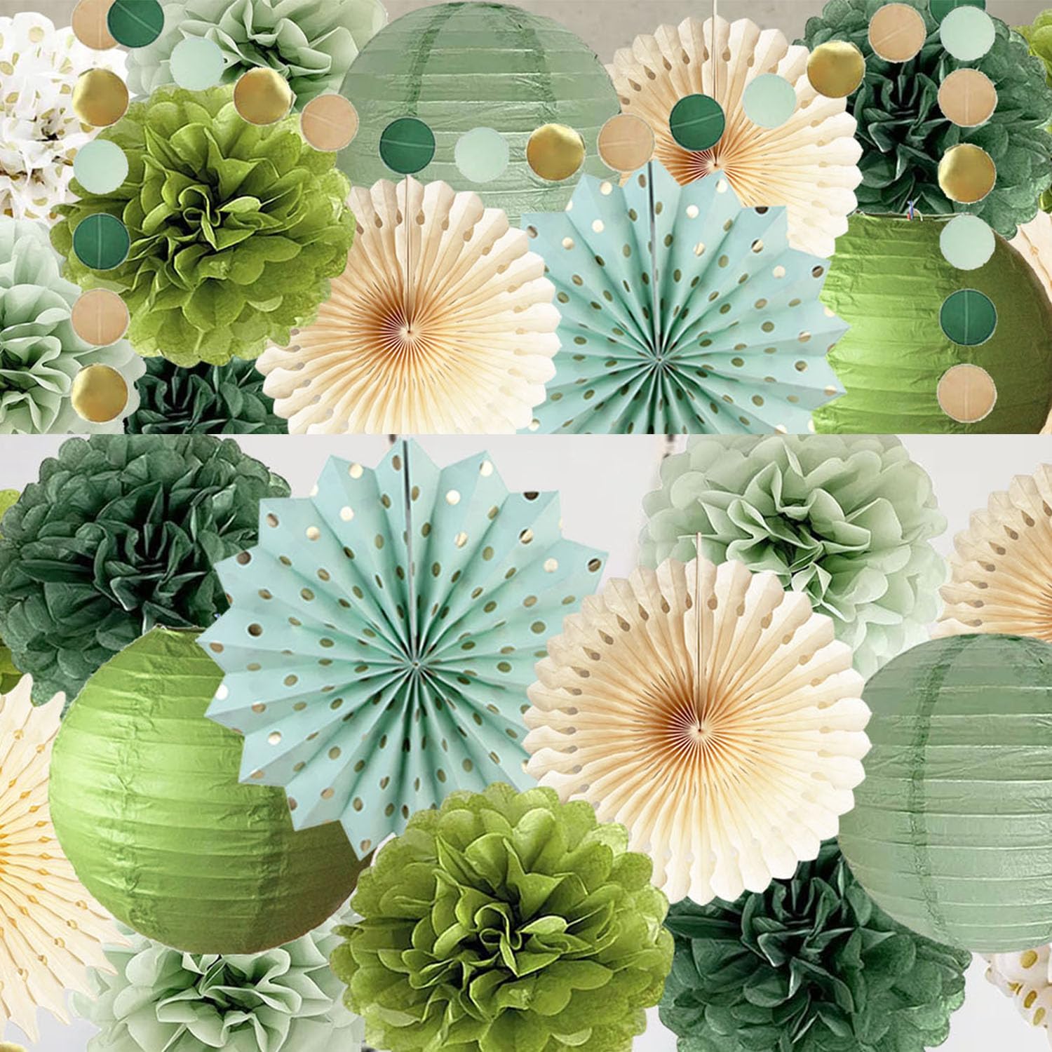 Olive Sage Green Birthday Party Decor Tissue Pom Poms Fans Lanterns