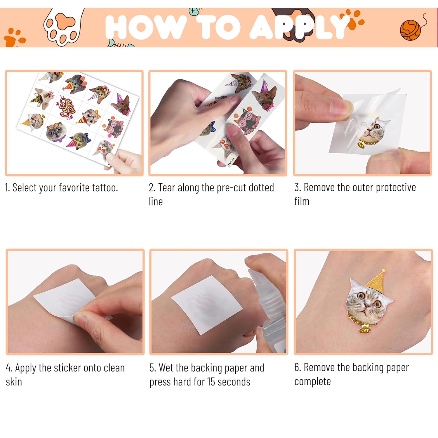 96PCS Cat Pet Animal Paw Temporary Tattoos for Kids
