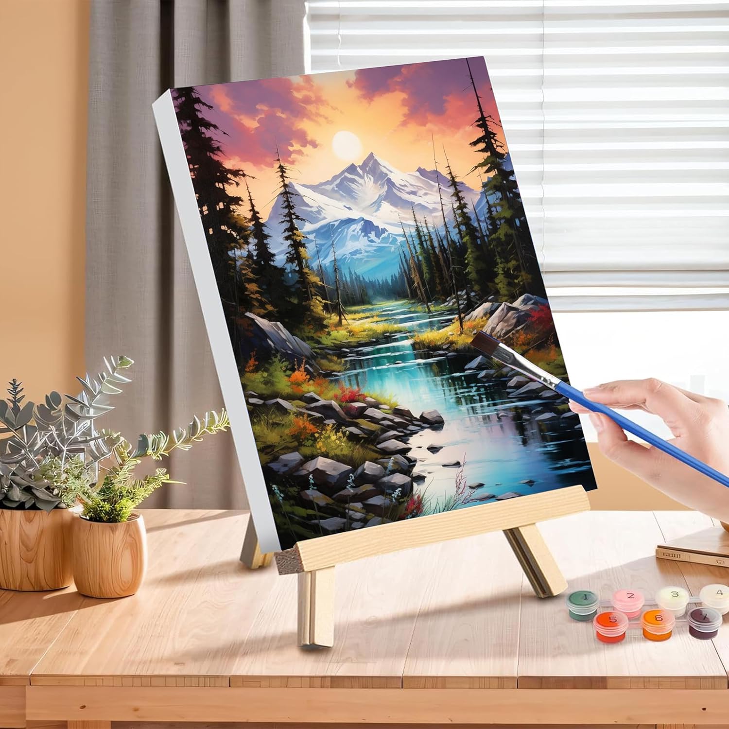Mountain Paint by Numbers for Adults with Framed Canvas and Wooden Easel