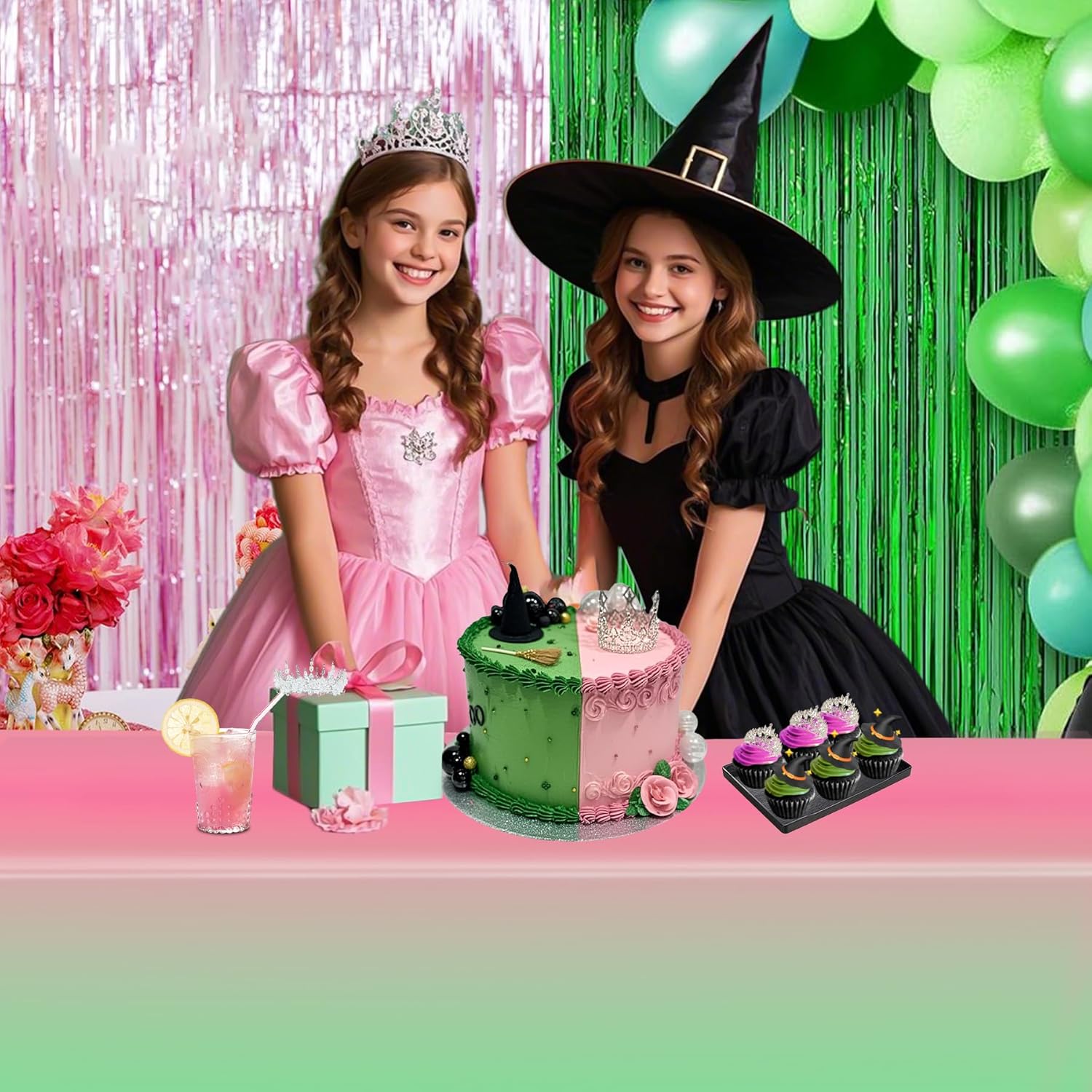 AFZMON Witch Themed Tablecloth 54x108 Inch Pink Green