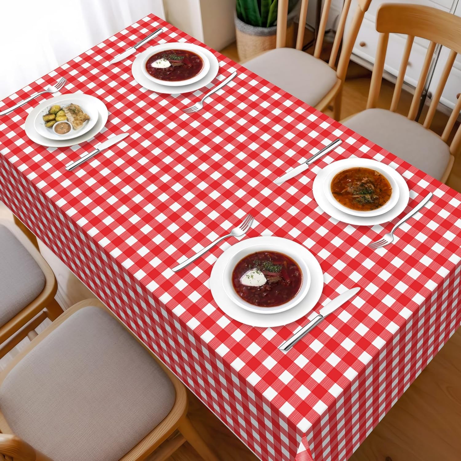 Childom 3 Pack Red White Checkered Tablecloths 54x108 Inches Disposable Plastic for Events and Parties
