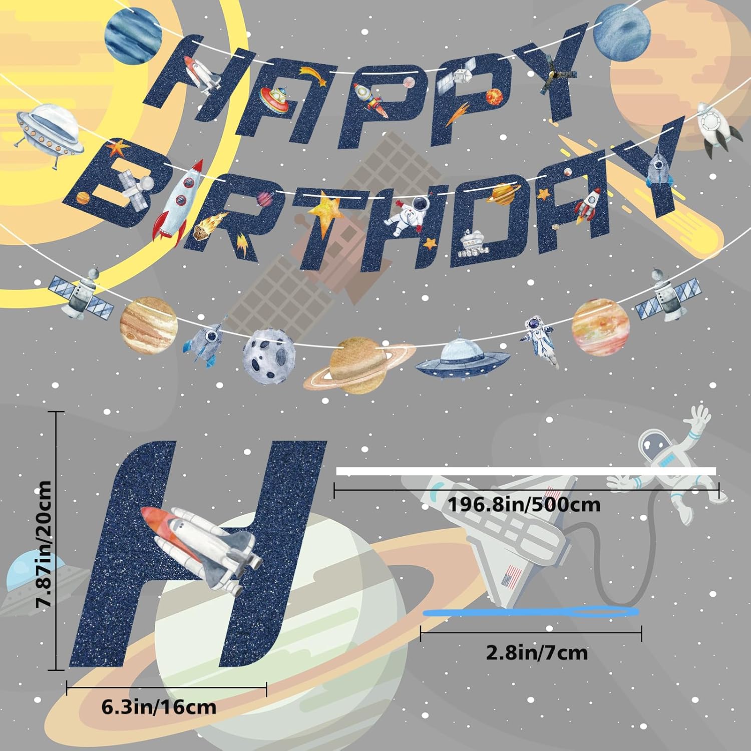 Universe Space Birthday Banner with Planets Rockets