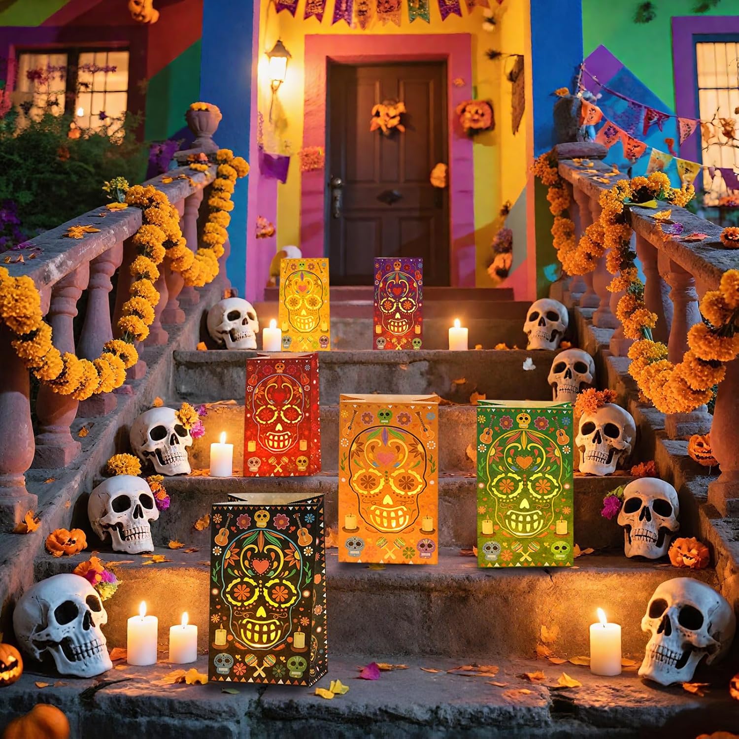 30 Pcs Dia De Los Muertos Luminary Bags for Halloween and Mexican Fiesta Decor