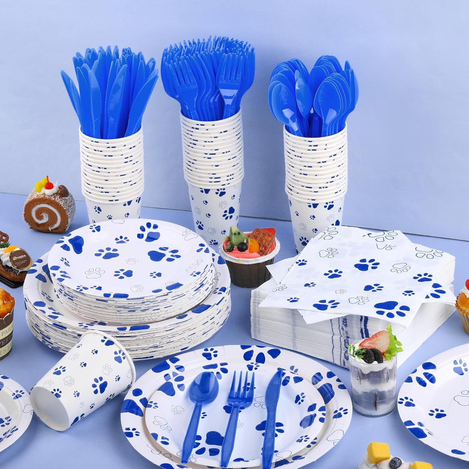 400 Piece Blue Paw Disposable Party Set for Puppies