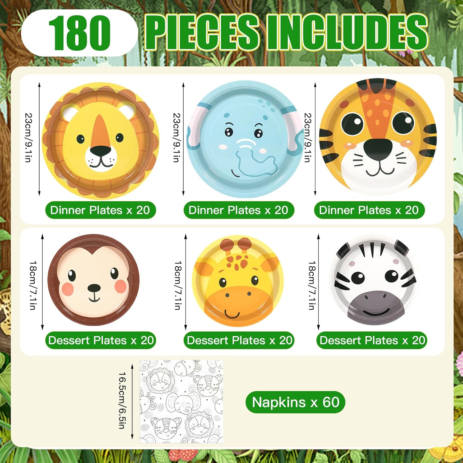 180 Pcs Jungle Animal Paper Plates and Napkins Set
