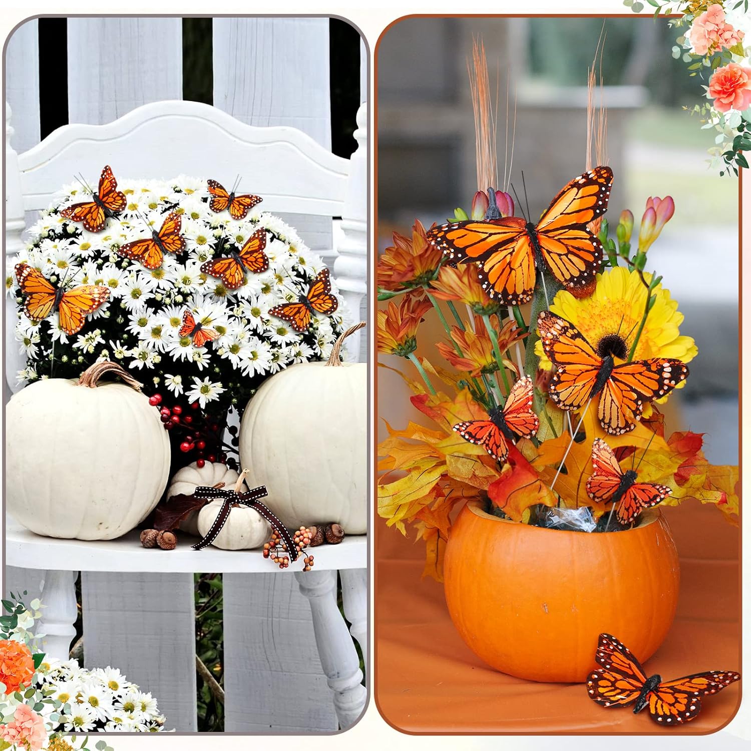 24 Pcs Monarch Butterfly Decorations Artificial Floral Picks with Wire for Wall and Vase