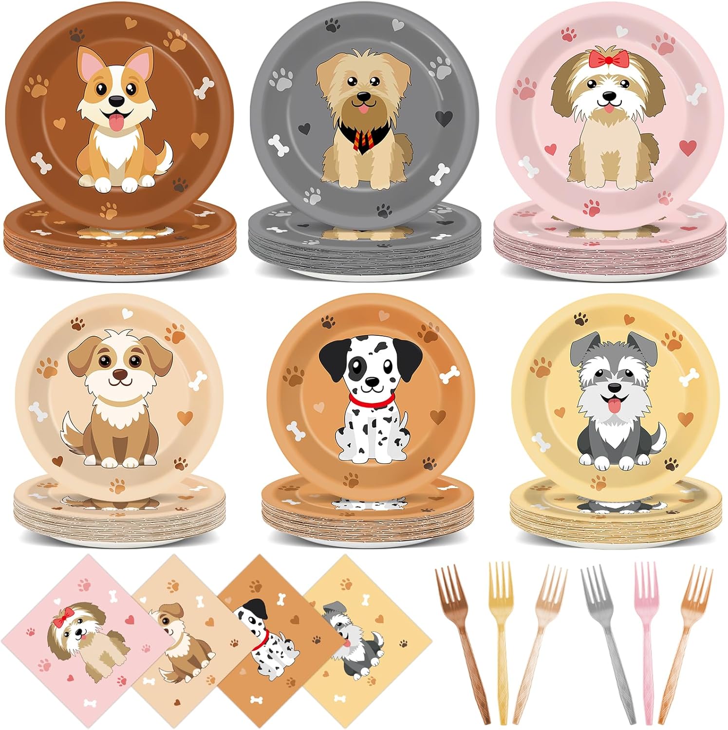96Pcs Dog Party Supplies Puppy Themed Plates Napkins Forks