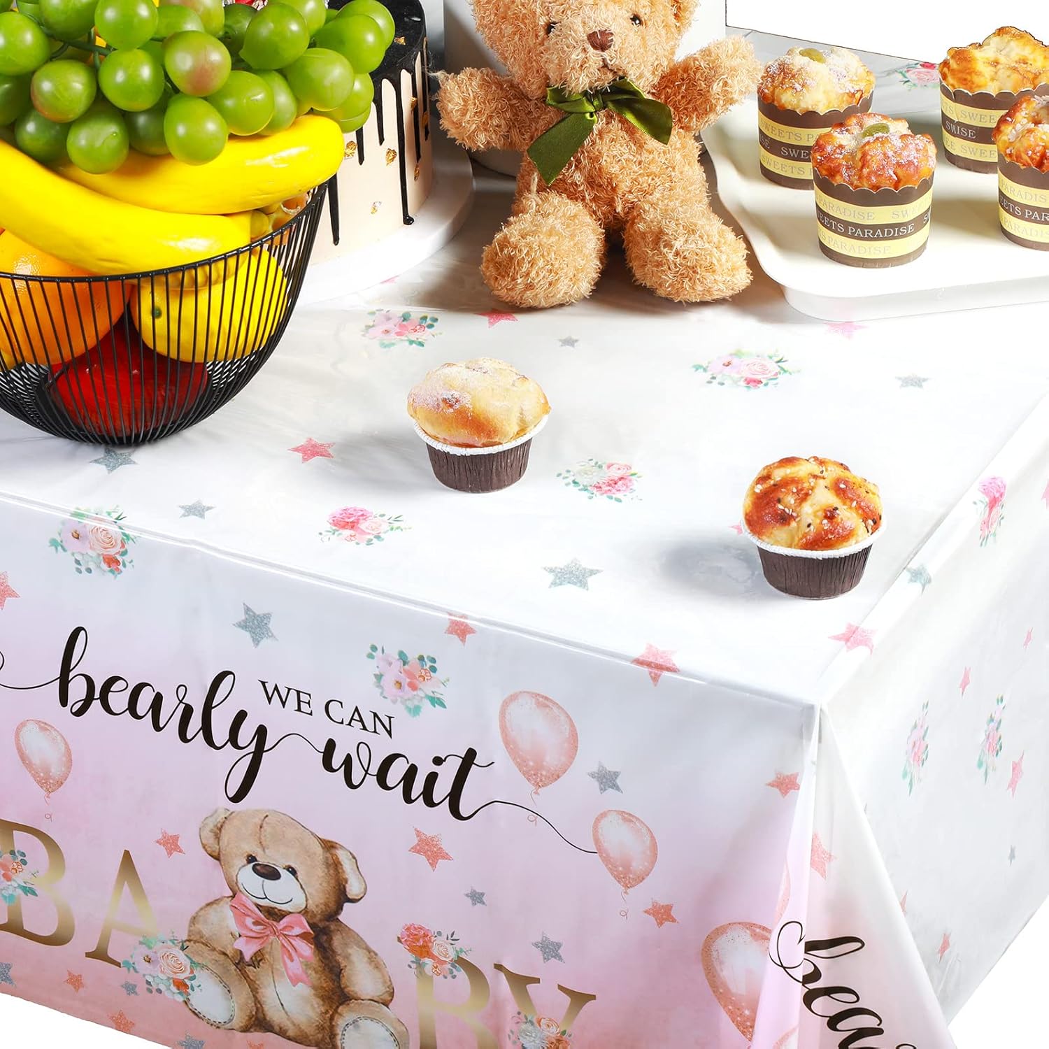 Tegeme Bear Baby Shower Tablecloth 54x108 Inch Pink 3 Pack