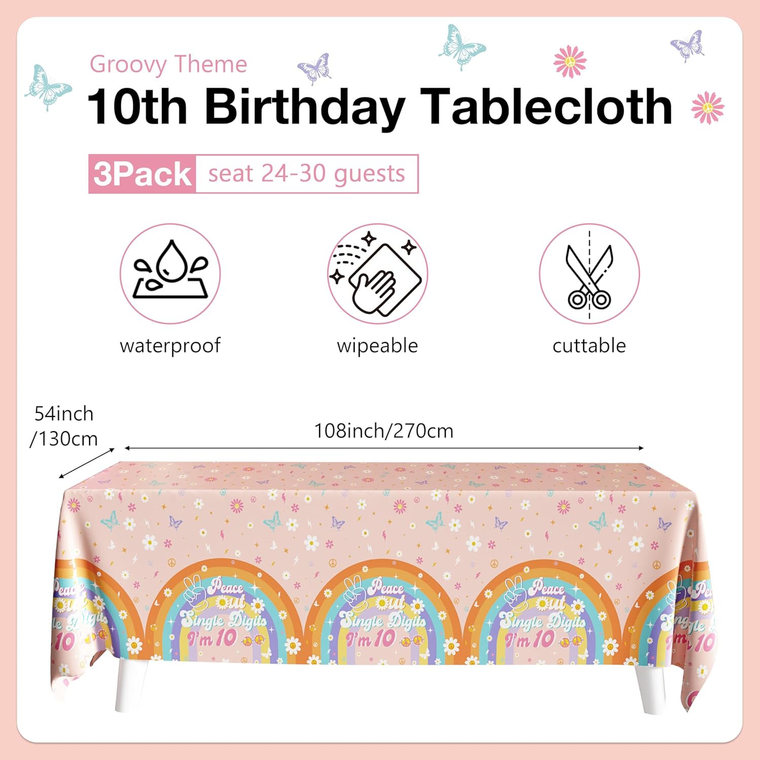 10th Birthday Tablecloths 3-Pack Peace Out Single Digits Decor